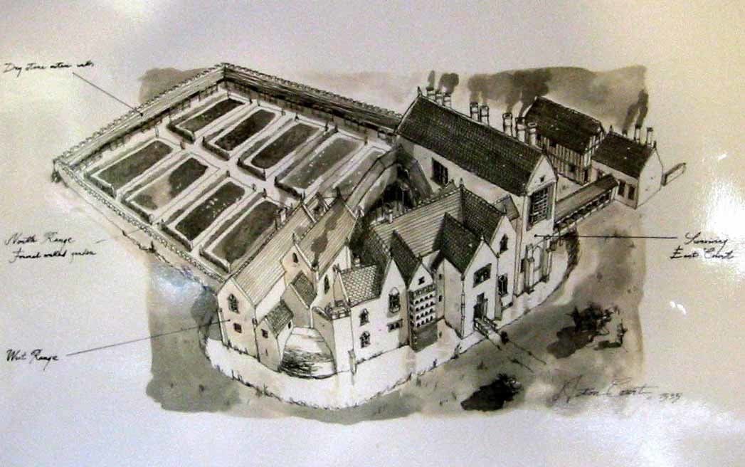 A black and white drawing of Acton Court