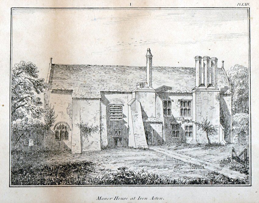 A black and white drawing of Acton Court