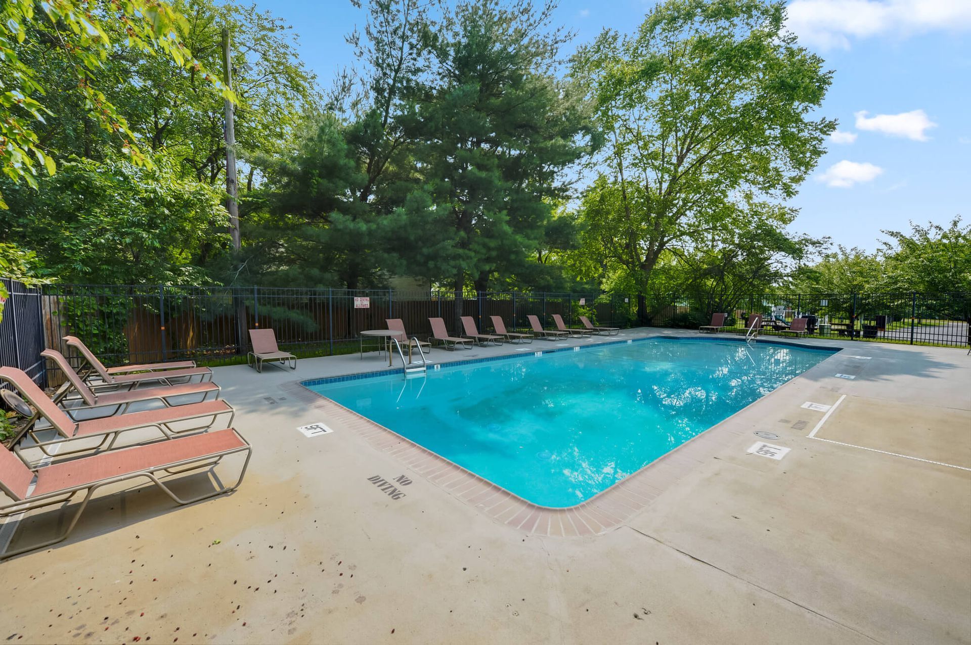 Outdoor apartment community pool with lounge chairs and surrounding trees.