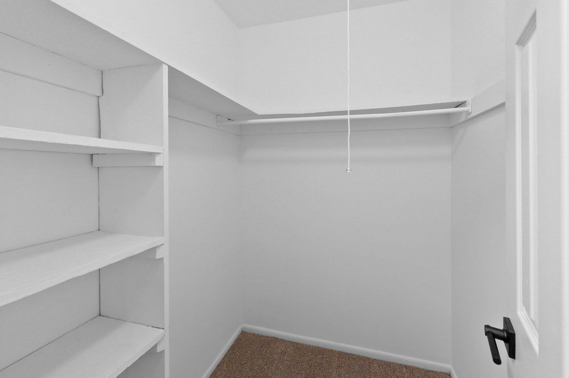 White walk-in closet with built-in shelves and a hanging rod.