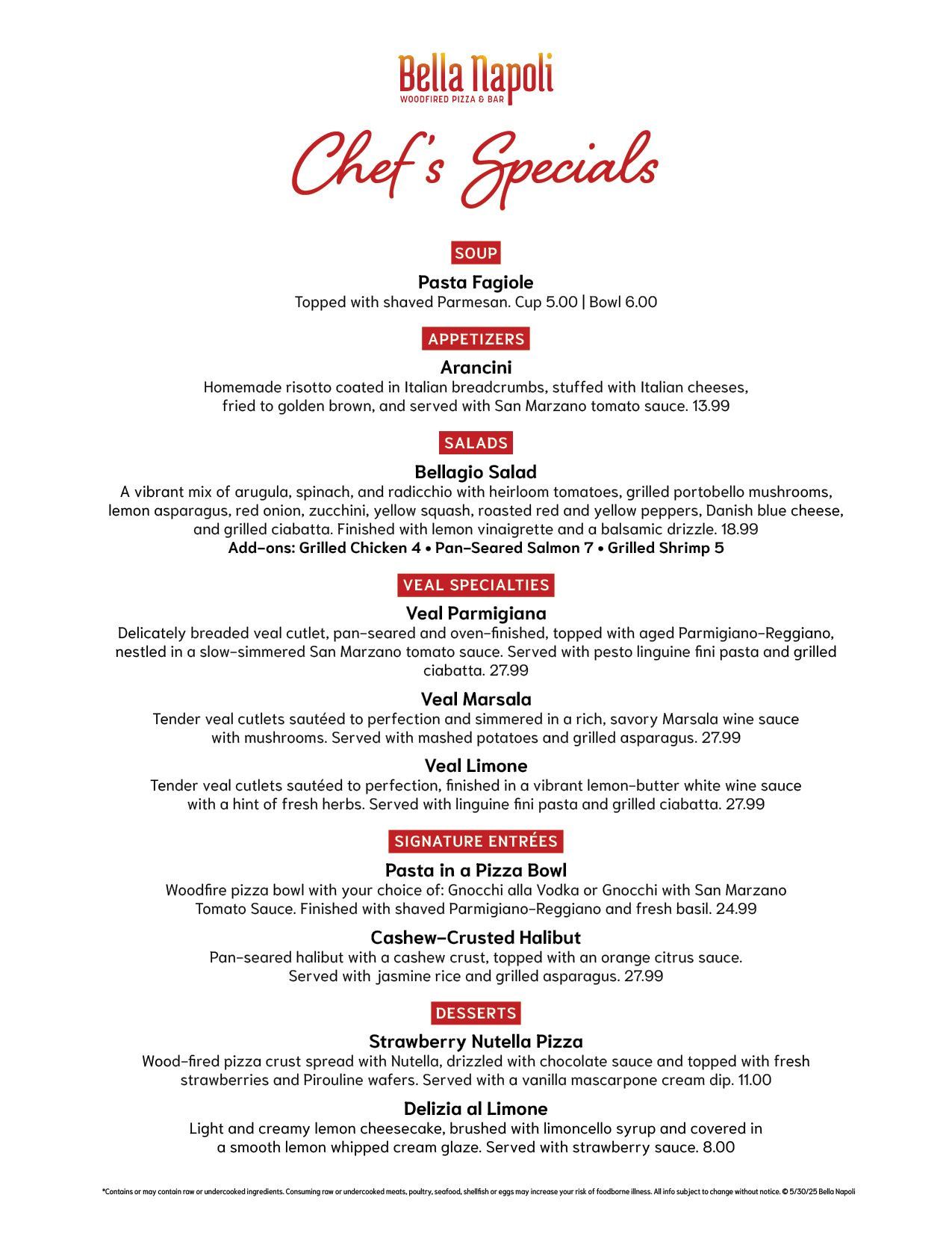 Daily Chef's Specials at Bella Napoli in Schaumurg