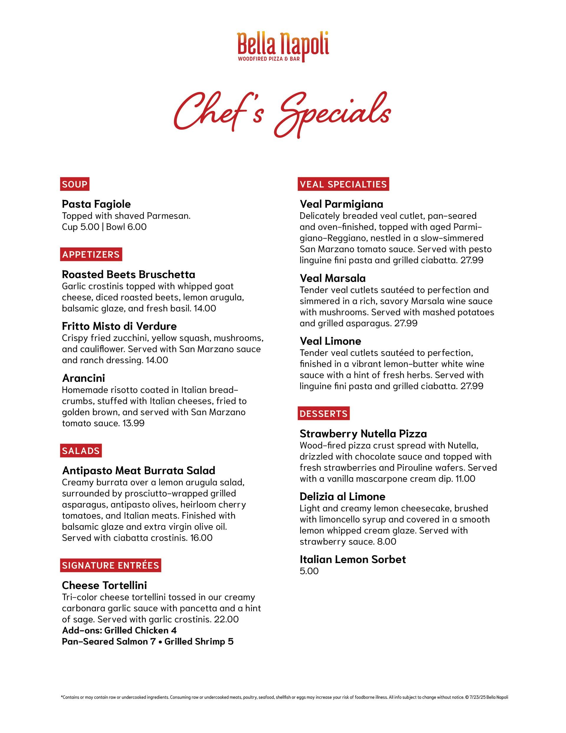 Daily Chef's Specials at Bella Napoli in Schaumurg