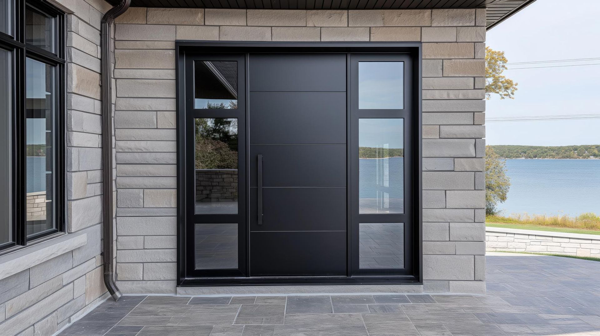 Black modern front door with sidelights on a stone house by the waterfront