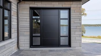 Black modern front door with sidelights on a stone house by the waterfront