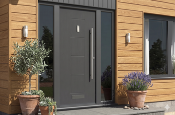 Modern house entrance with a dark gray door, wood siding, and potted plants by the steps
