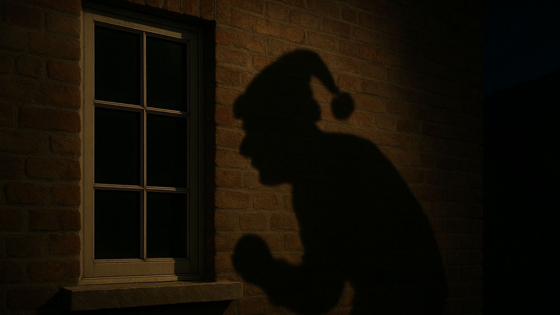 Silhouette of a person in a Santa hat peering into a window at night