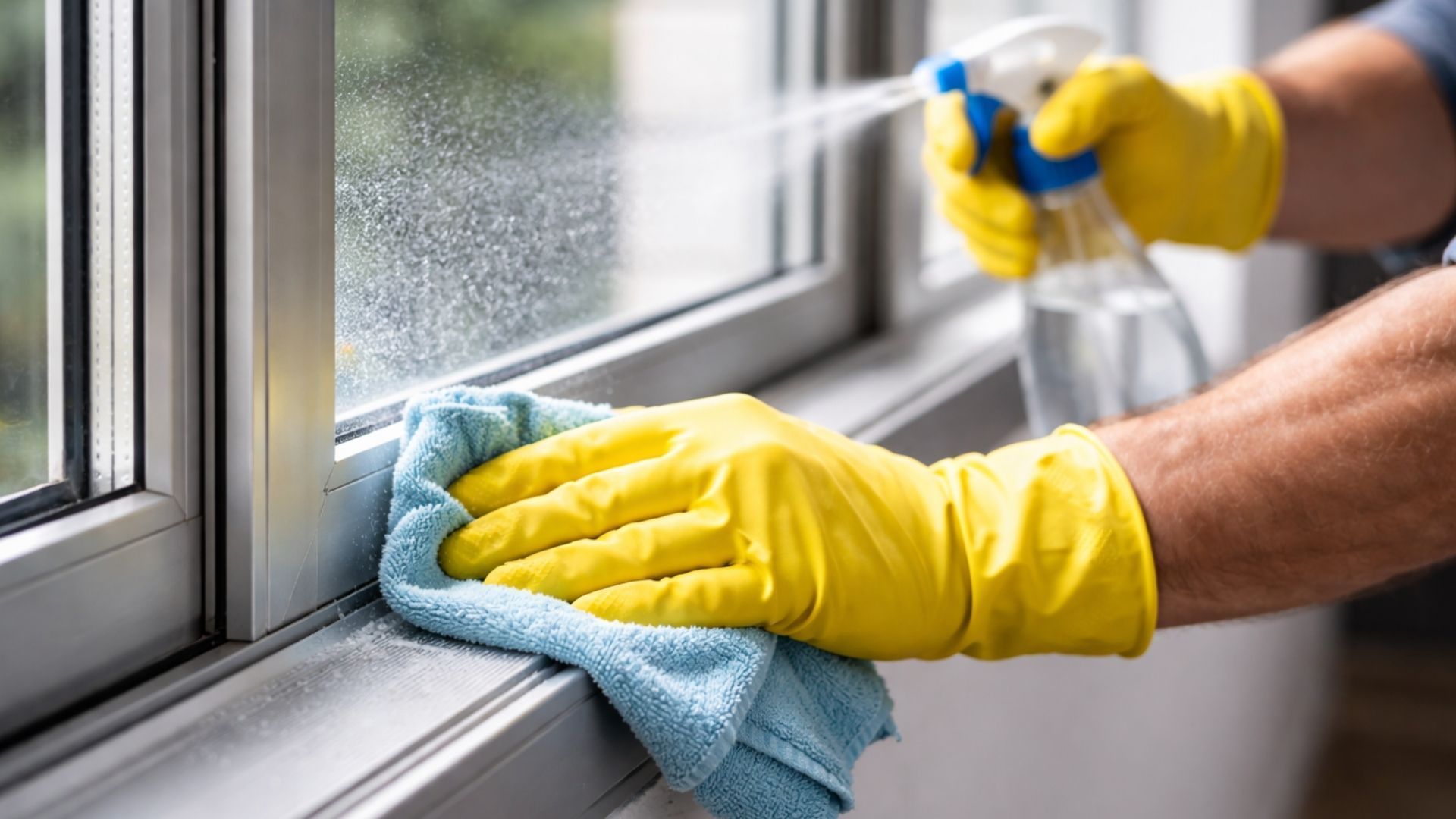 Yellow-gloved hands wiping a window sill with a blue cloth, spray cleaner in hand