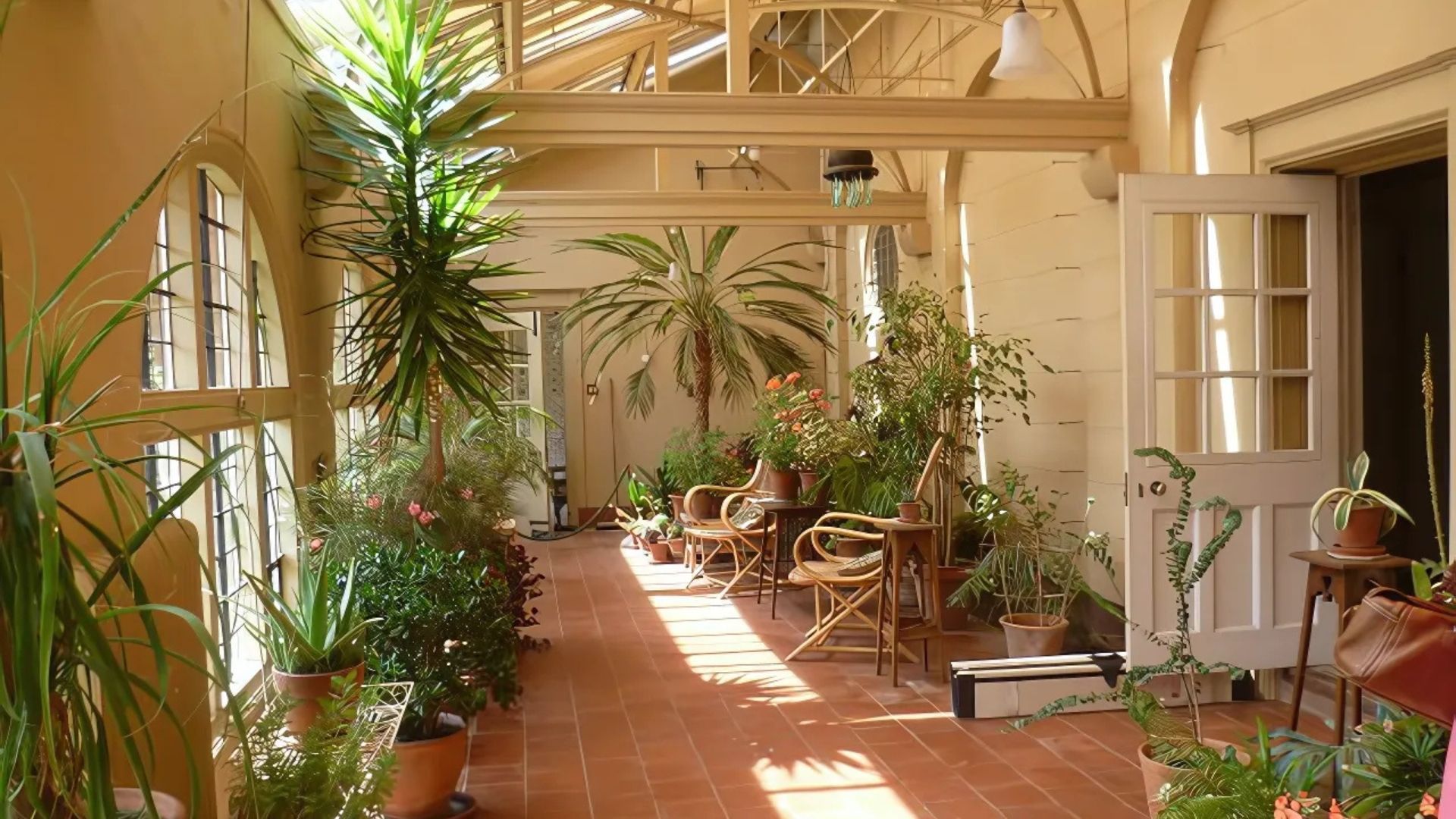 Sunlit indoor garden room with potted palms, terracotta tile floor, and white chairs
