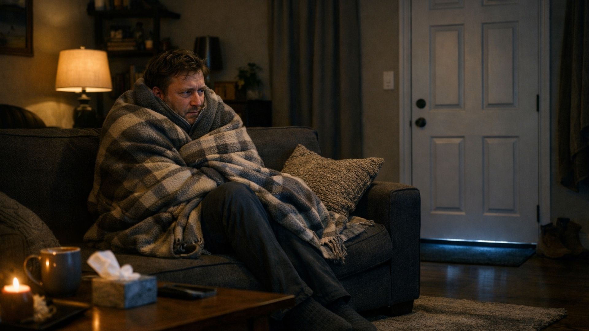 Man wrapped in a plaid blanket sits on a couch in a dim living room beside a lit lamp and tissue box.