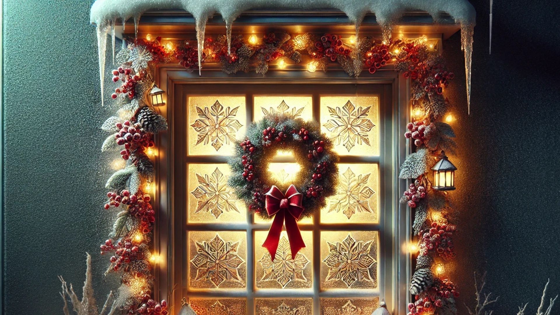 Snowy Christmas wreath on a lit window framed with garland and red ribbons