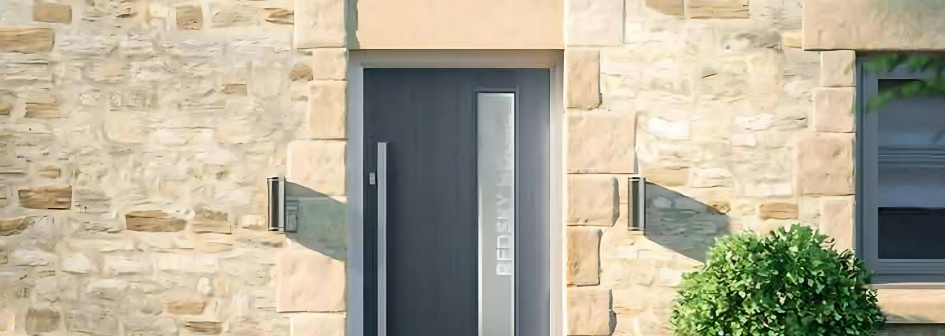 Modern stone house exterior with a dark front door and a window beside a green shrub.