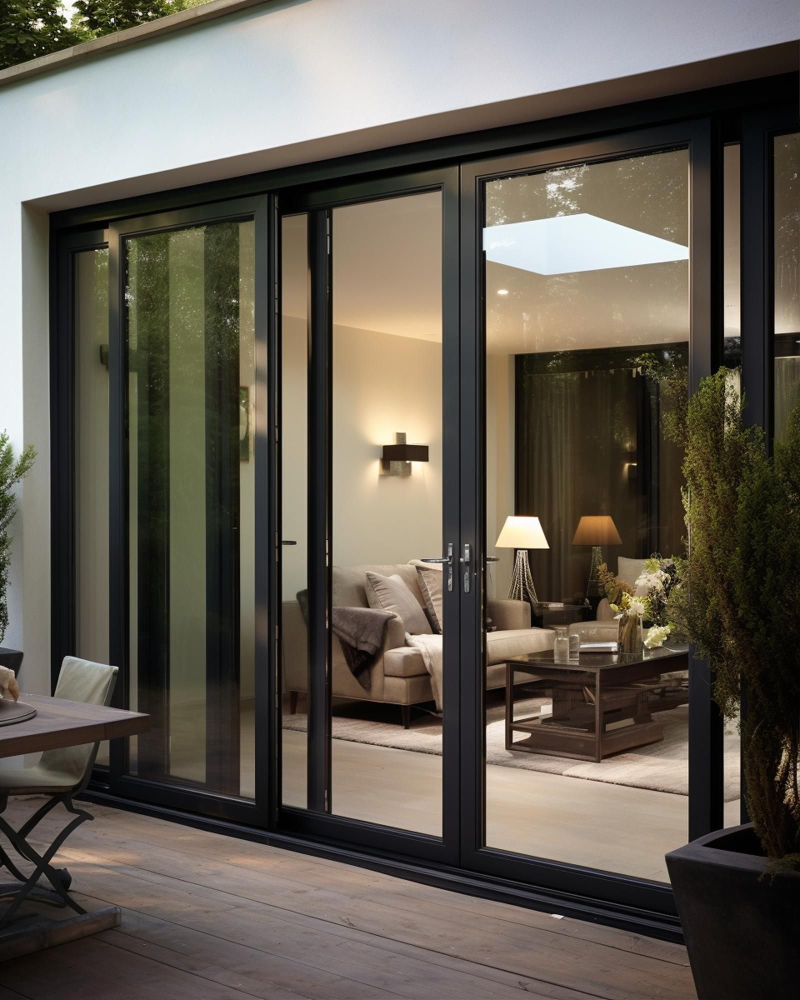 Black-framed glass patio doors open to a cozy living room with warm lighting and neutral decor.