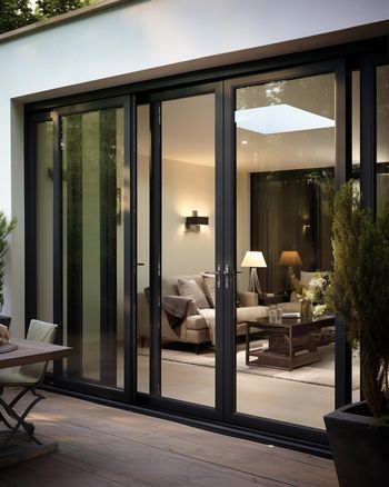 Black-framed glass patio doors open to a cozy living room with warm lighting and neutral decor.