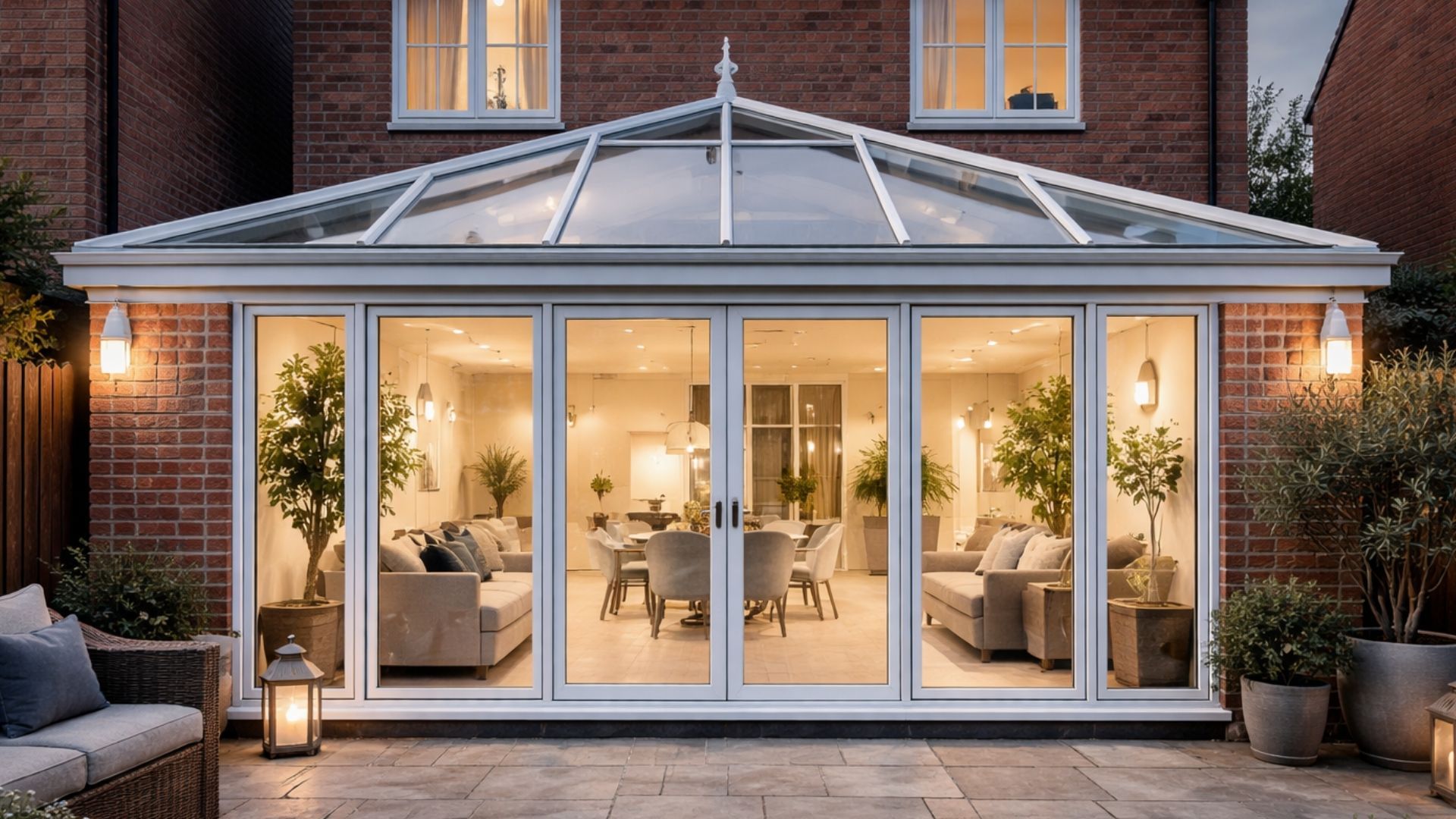 Modern glass sunroom lit warmly at dusk, with sofas, plants, and potted decor beside a brick house