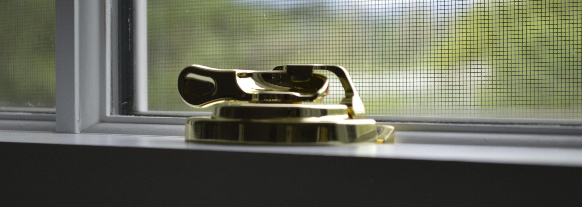 Gold trophy on a windowsill in front of a screened window