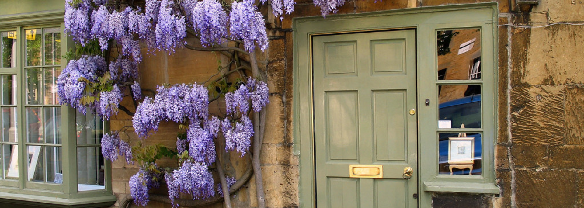 Stone house facade with pale green door, purple wisteria draping over a window, and a small window box.