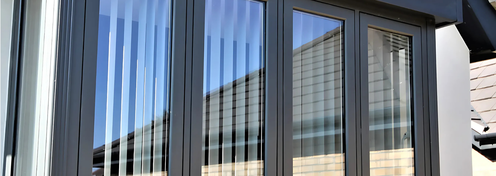 Modern building facade with dark-framed windows and blue vertical blinds, reflecting the sky
