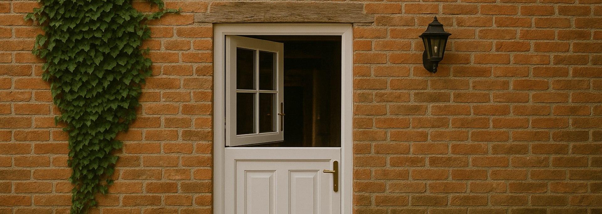 White door and open window in a brick wall with ivy and a black lantern