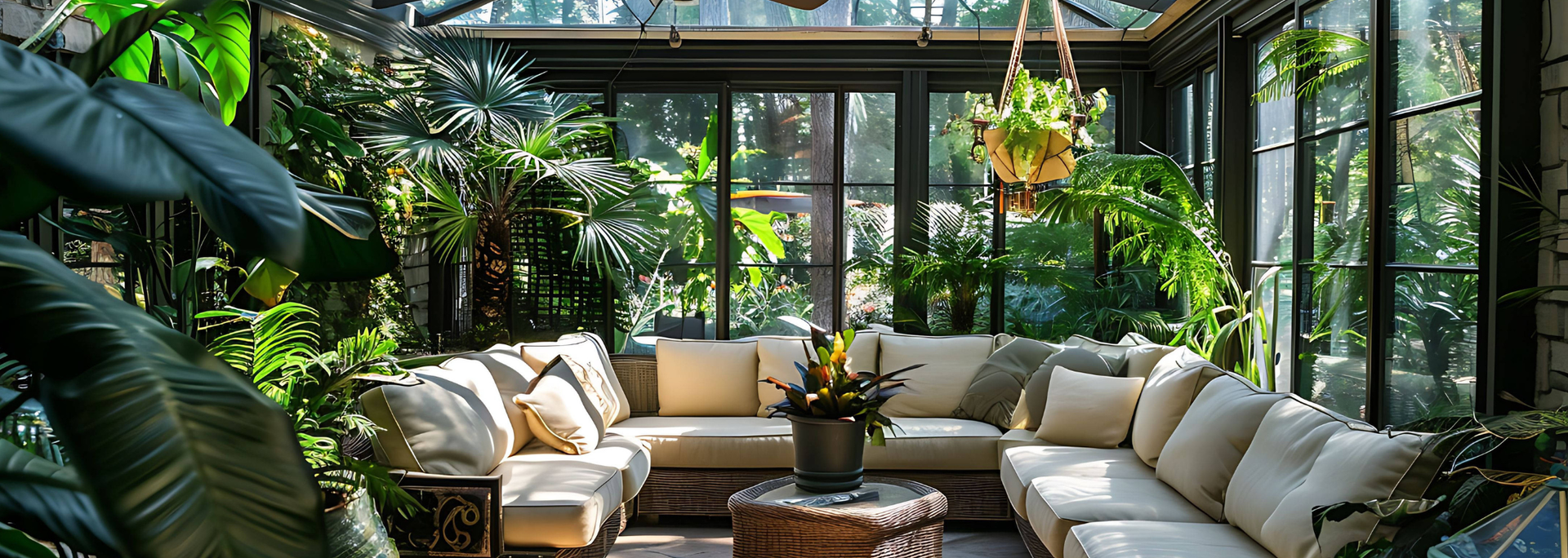 Sunlit greenhouse living room with white sofas, wooden coffee table, and lush tropical plants