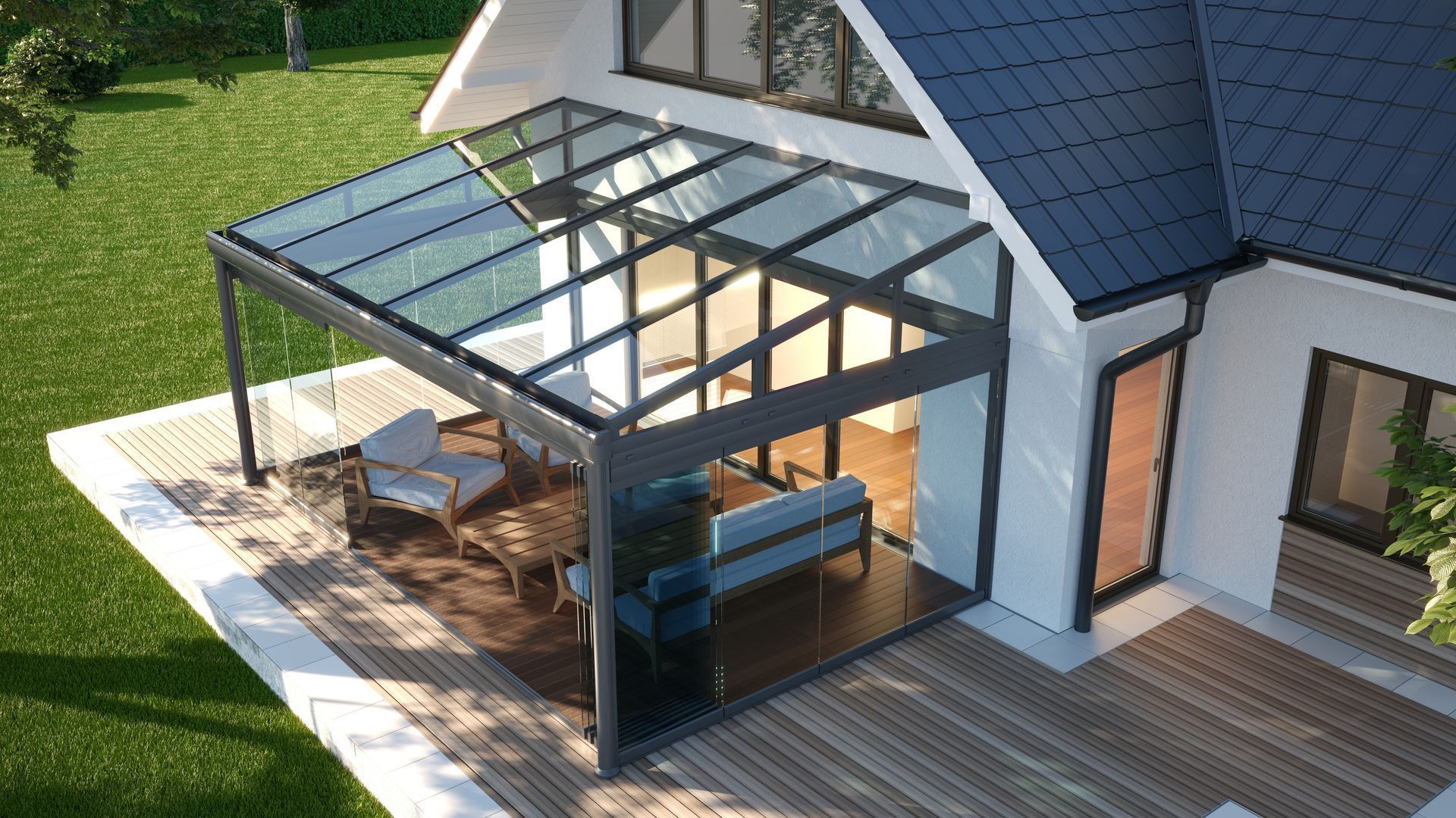 Modern house patio with glass-roof pergola, outdoor seating, and dining table on a wooden deck.
