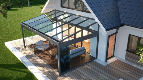 Modern house patio with glass-roof pergola, outdoor seating, and dining table on a wooden deck.