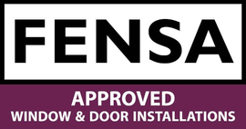 FENSA approved window and door installations sign with black text on white and purple background
