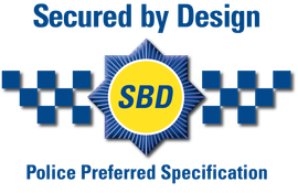 Secured by Design logo with blue police-style checker pattern and yellow SBD badge