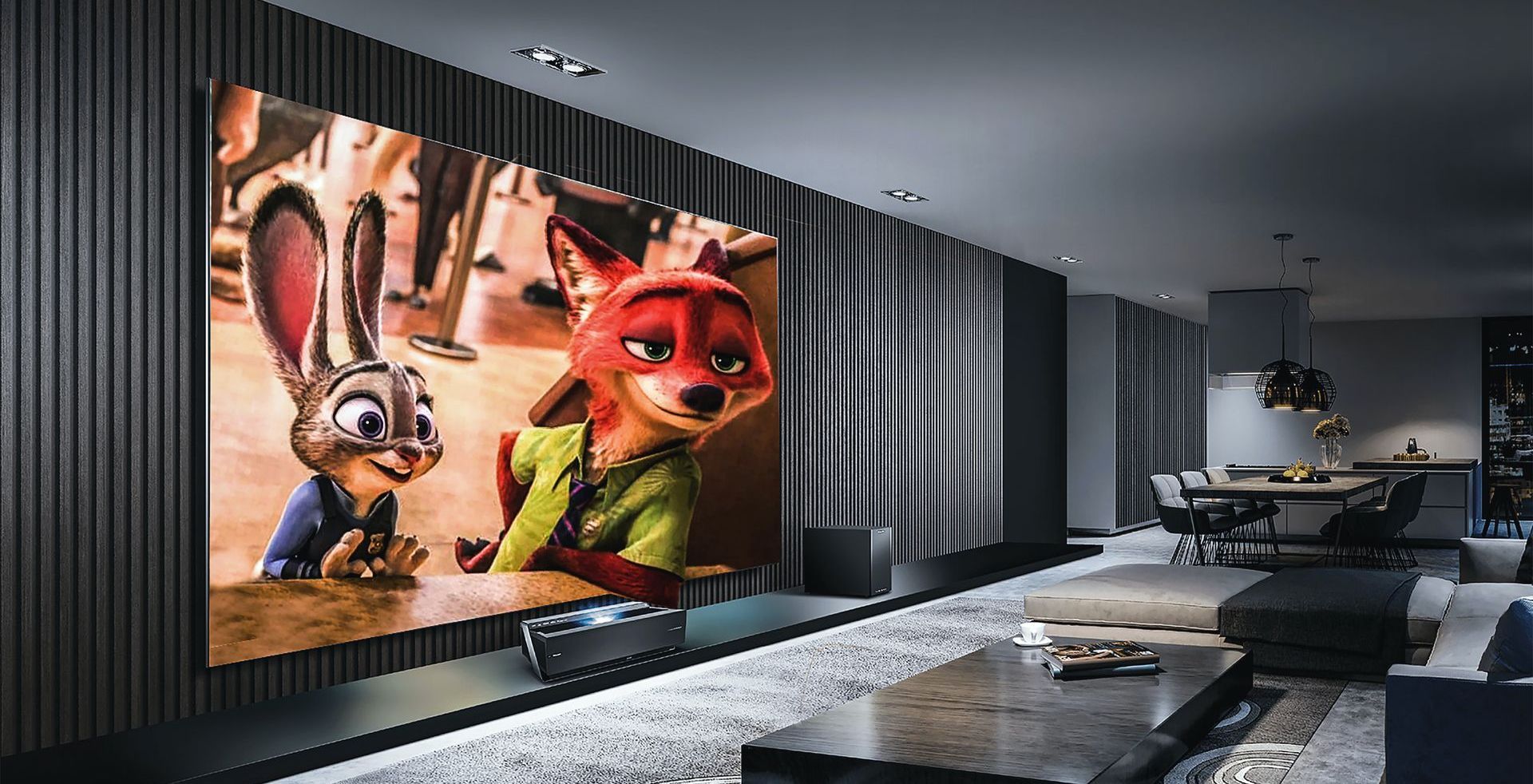 A living room with a large screen displaying a cartoon on it.