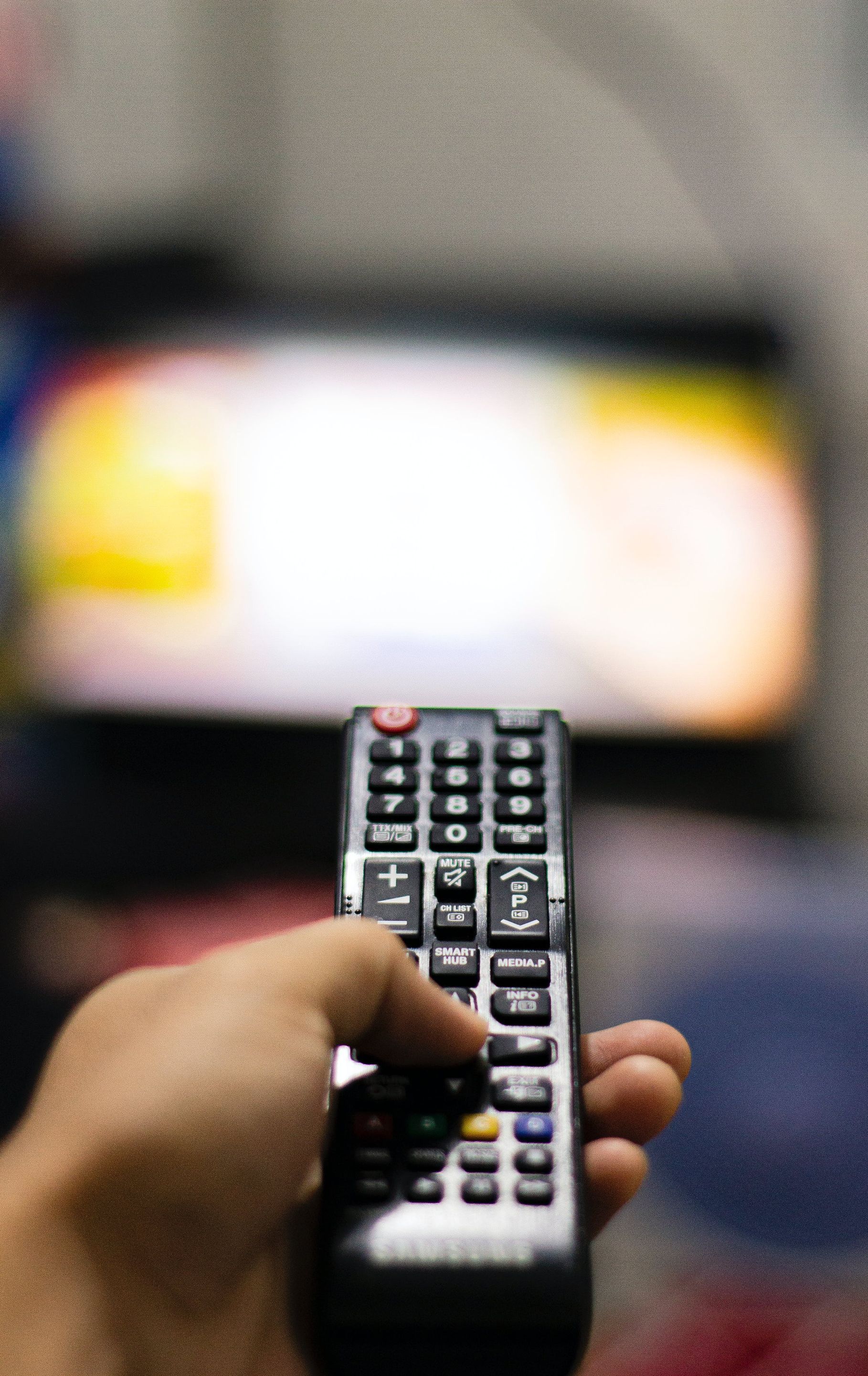 a person is holding a remote control in front of a television .