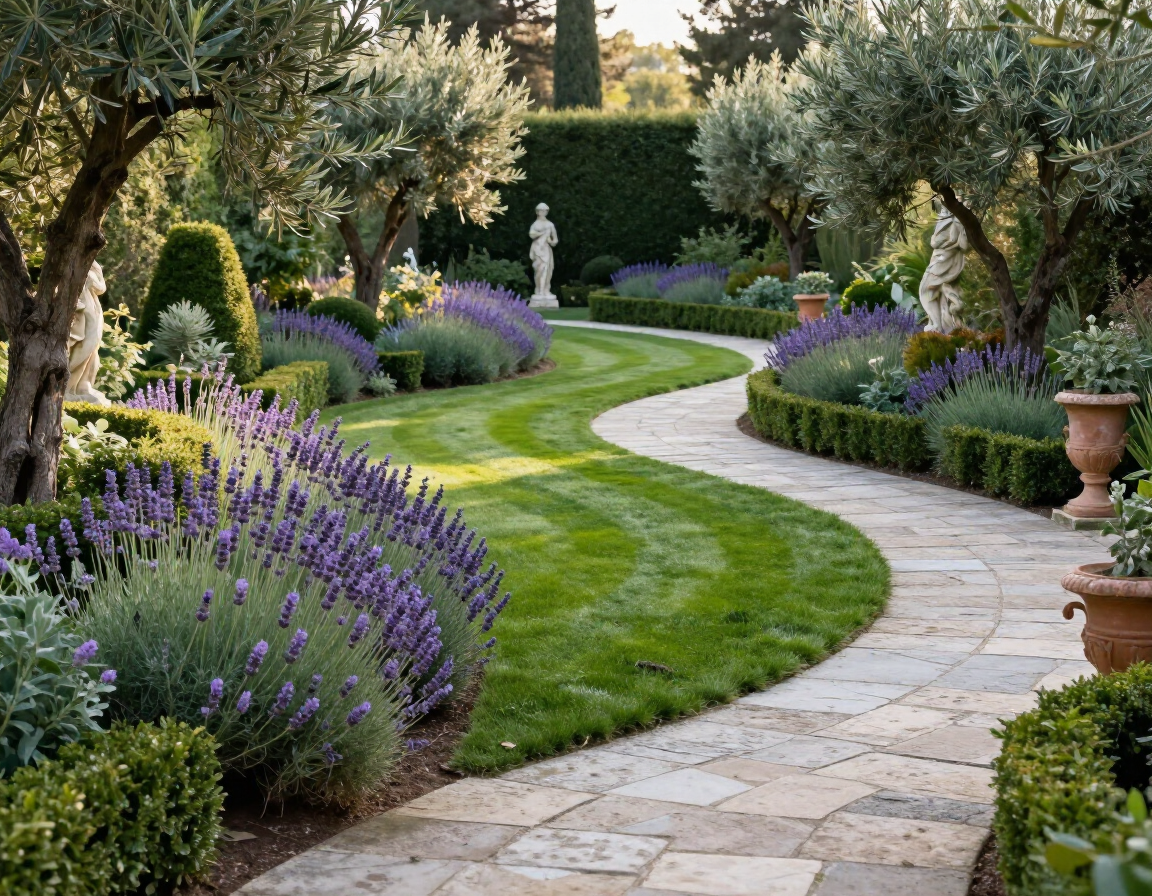 Un tortuoso sentiero di pietra si snoda attraverso un rigoglioso giardino con prati ben curati, cespugli di lavanda e statue sotto gli ulivi.
