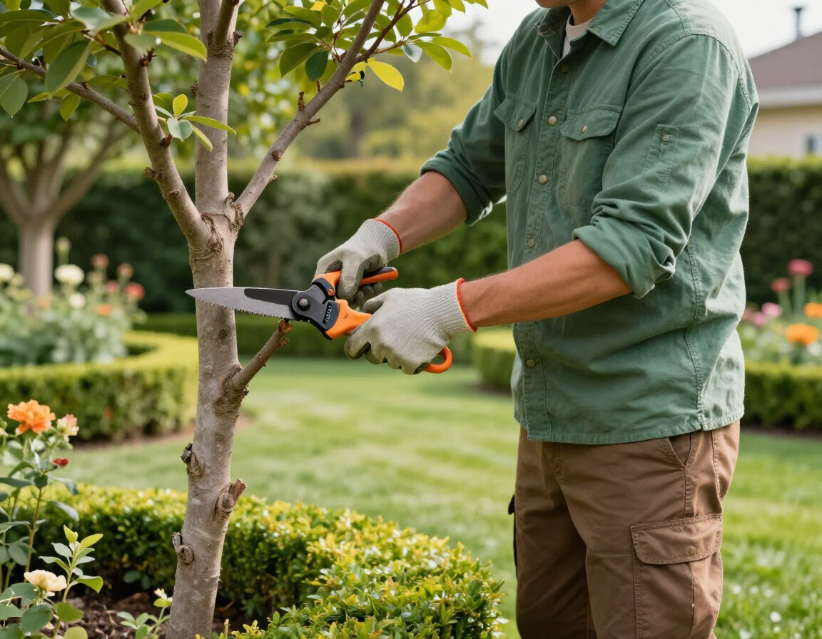 In un rigoglioso giardino verde, una persona con i guanti pota il ramo di un albero con delle cesoie dal manico arancione.