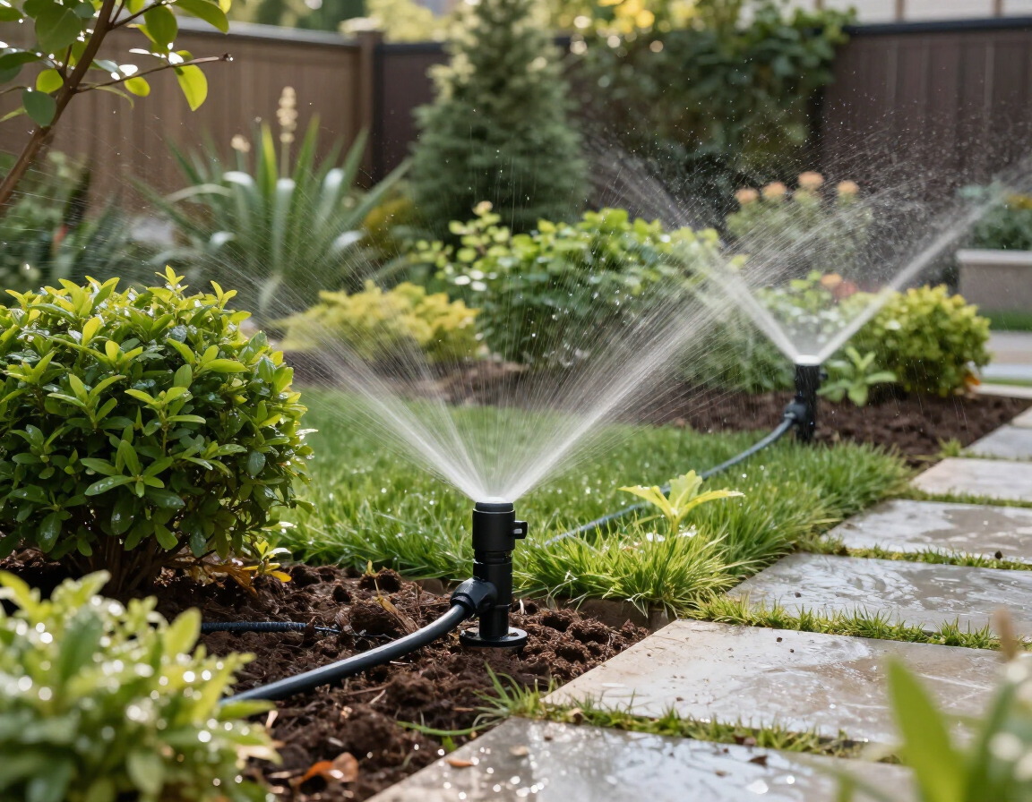 Due irrigatori da giardino innaffiano un rigoglioso giardino verdeggiante accanto a un sentiero di pietra e a una recinzione di legno.