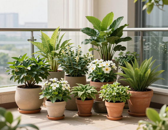 Una collezione di varie piante in vaso con fogliame verde e fiori bianchi, disposte su un balcone soleggiato.
