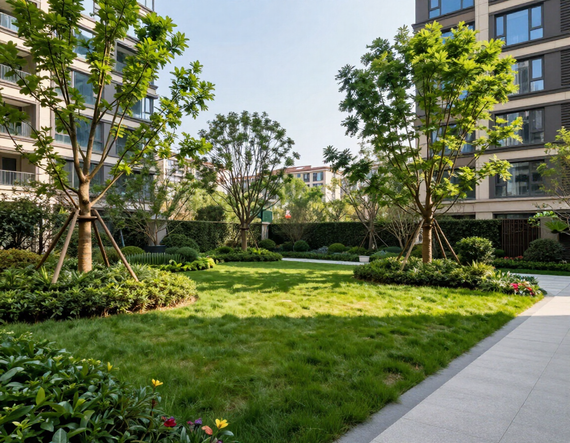 Un cortile paesaggistico con prato verde, vialetti lastricati e alberi tra gli edifici residenziali.