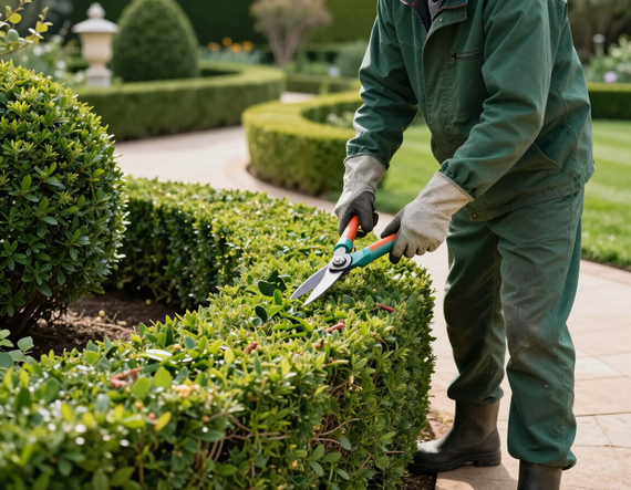 Una persona con indosso abiti da lavoro verdi pota una siepe ben curata con delle grosse cesoie.