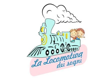 logo de la locomotiva dei sogni con un treno colorato con un gruppo di bambini su di esso .