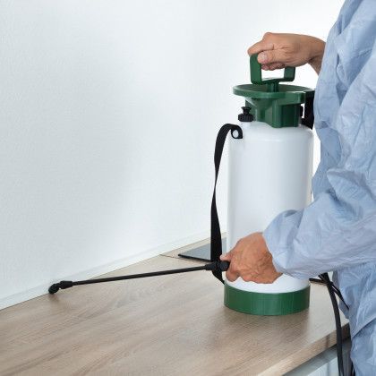A person is using a sprayer on a wooden counter.