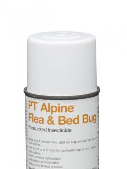 A bottle of pt alpine flea and bed bug spray