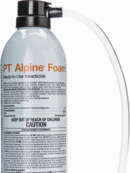 A bottle of pt alpine foam ready to use insecticide