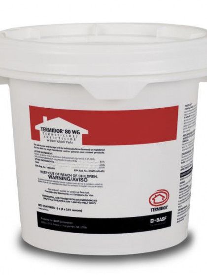 A white bucket with a red label that says termite 30 mg