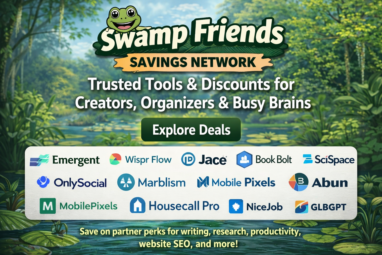 Swamp Friends Savings Network: A promotional banner listing discounts on tools for creators, set against a swamp background.