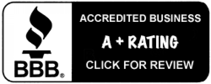 A black and white sign that says accredited business a + rating click for review