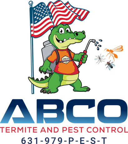 Logo for ABCO Termite and Pest Control featuring a cartoon alligator with a sprayer and US flag, contact 631-979-P-E-S-T.