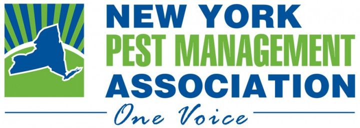 The logo for the new york pest management association is green and blue.