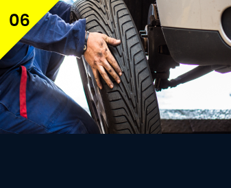 A person is adjusting a tire on a vehicle with the number 06 in the corner | Wagamon Brothers