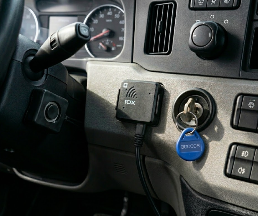 Tablero del automóvil con llave de encendido, volante y adaptador de encendedor de cigarrillos negro enchufado.