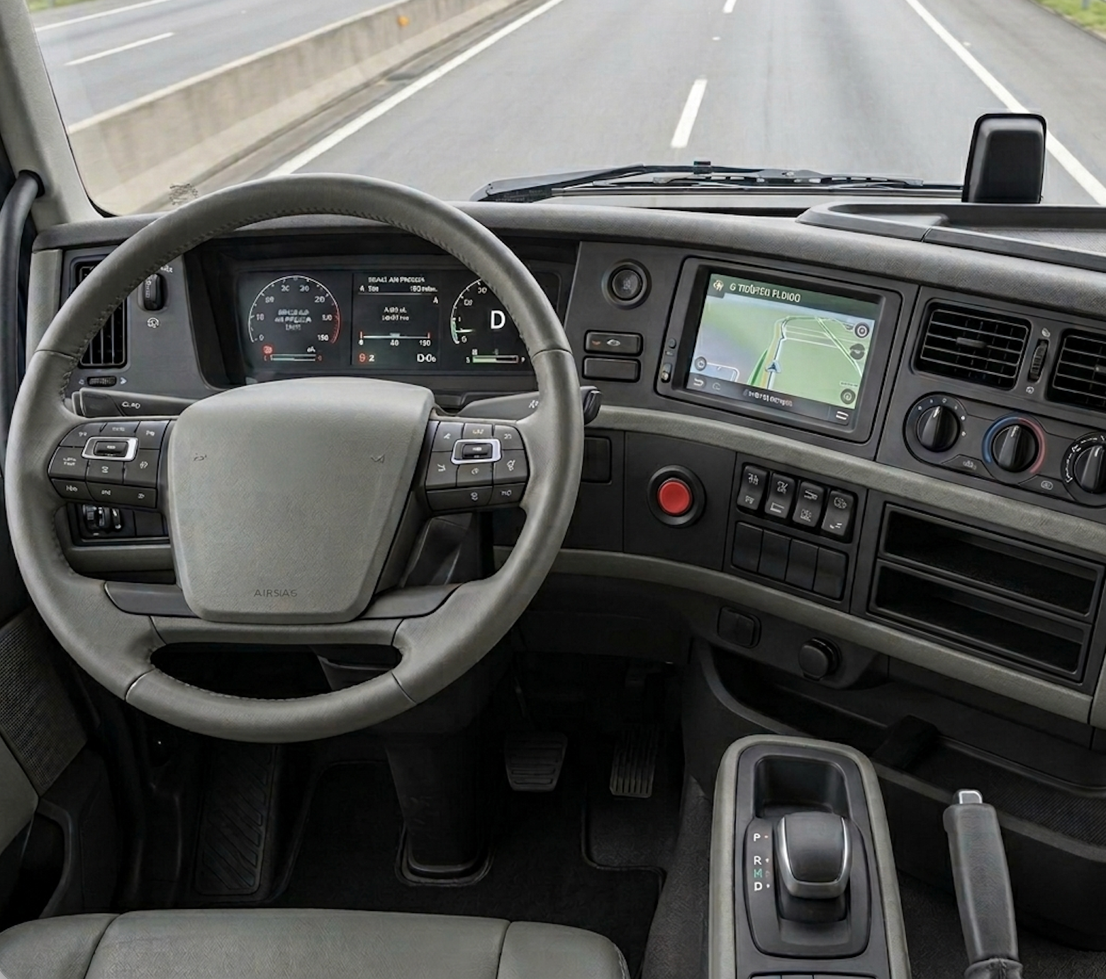Interior de la cabina del camión con volante, pantalla en el tablero y visibilidad de la carretera a través del parabrisas.