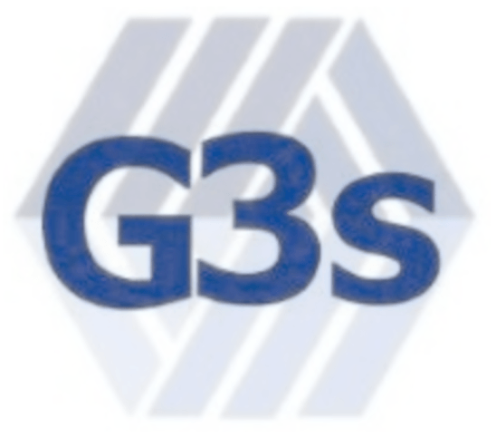 Logotipo de texto azul “G3s” sobre un fondo geométrico hexagonal pálido