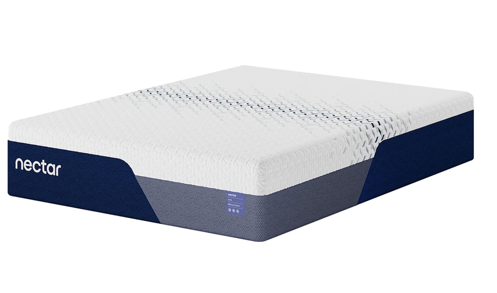 Nectar mattress. White top, dark blue sides, gray base, text 