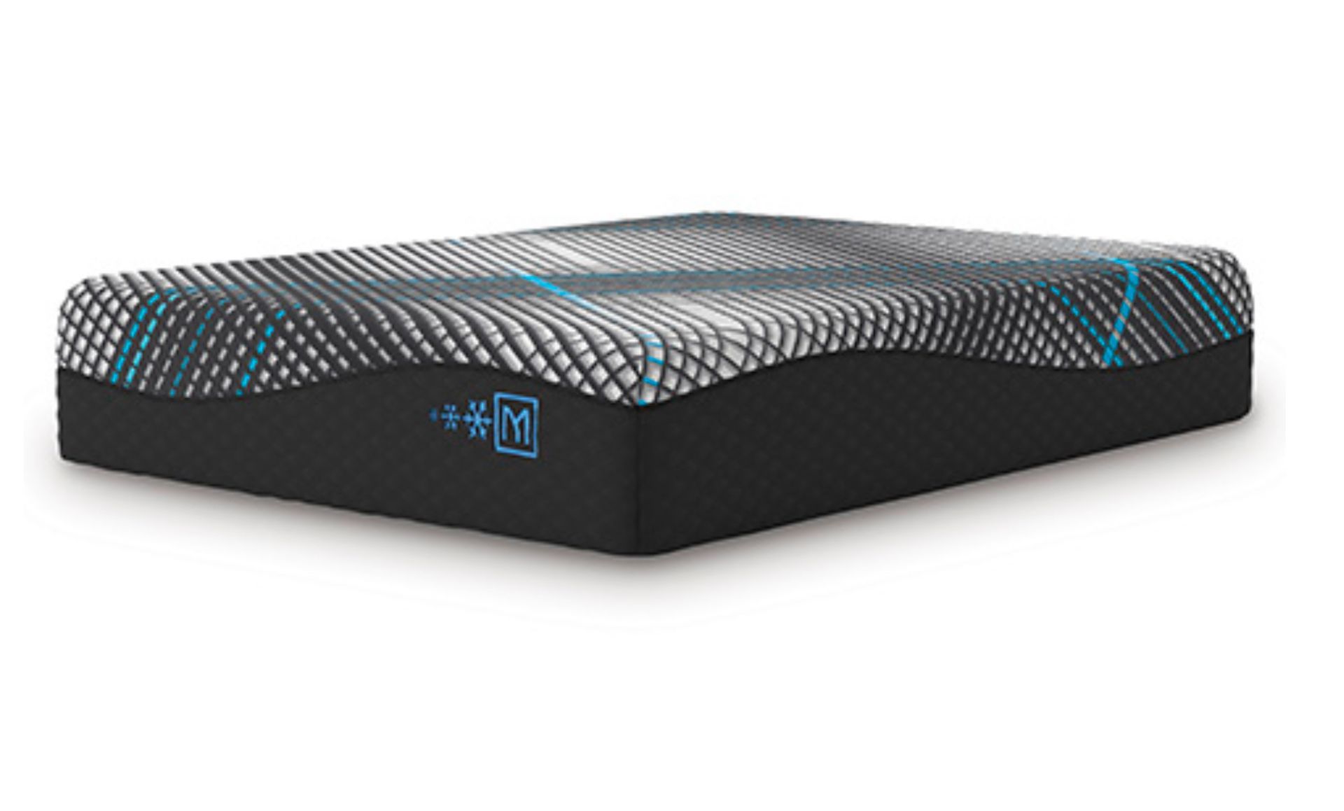 Black and blue patterned mattress with black sides.